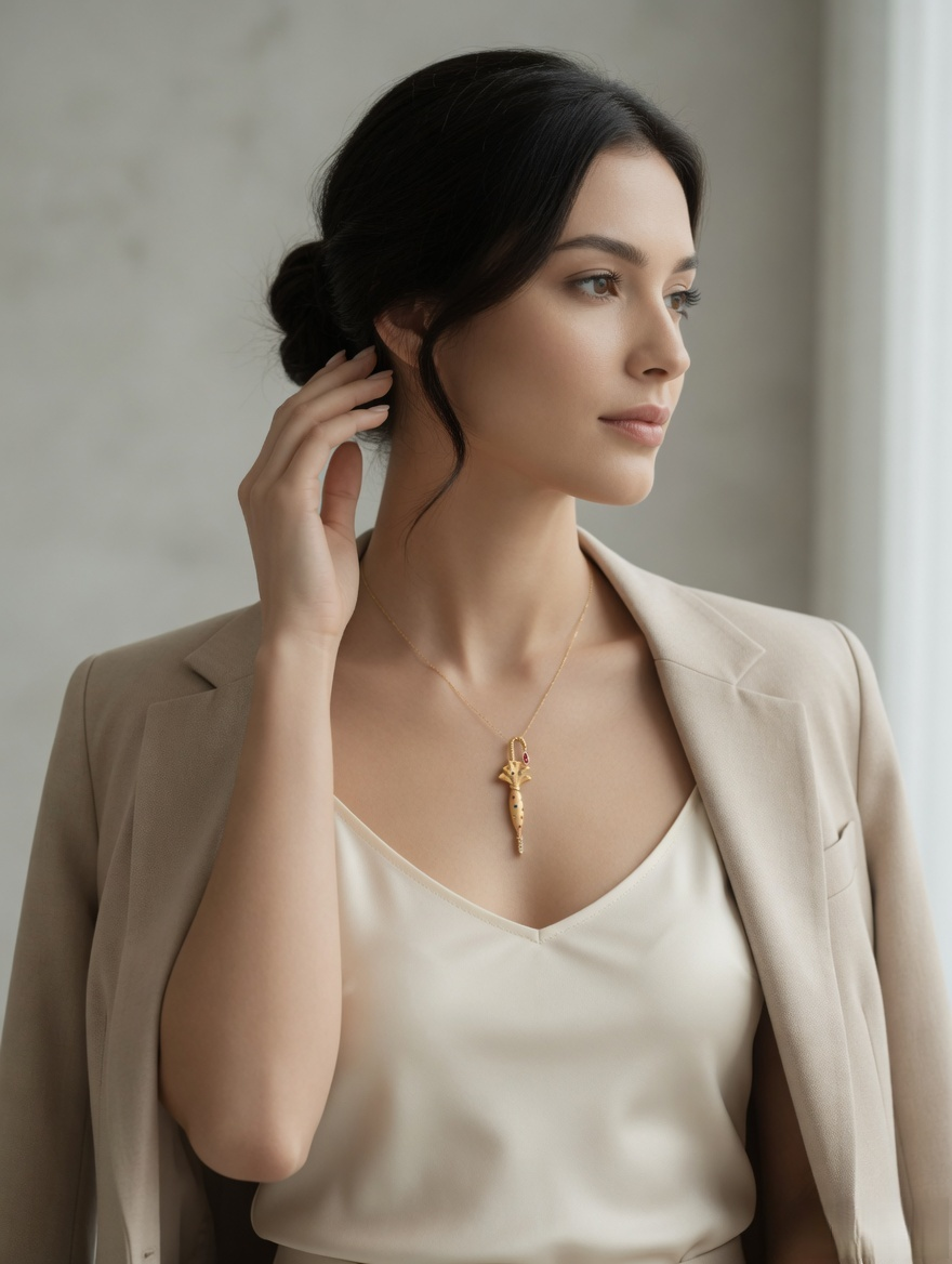 CARV. gold parasol pendant necklace worn at collarbone with multicolor parasol pendant