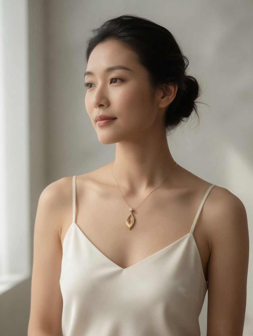 CARV. gold openwork marquise pendant necklace worn at collarbone with marquise pendant and pavé top