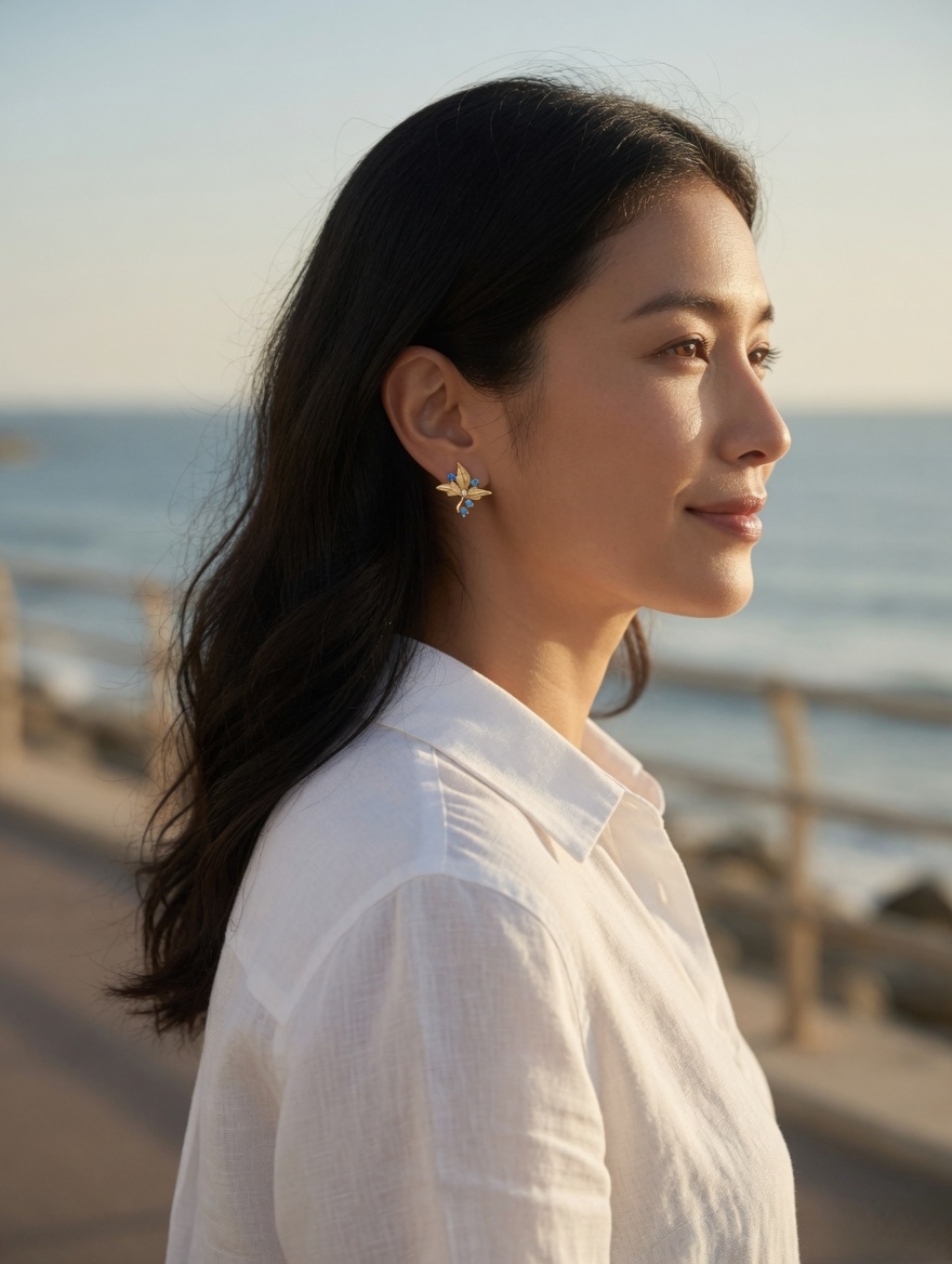 CARV. gold turquoise floral stud earrings worn on ear