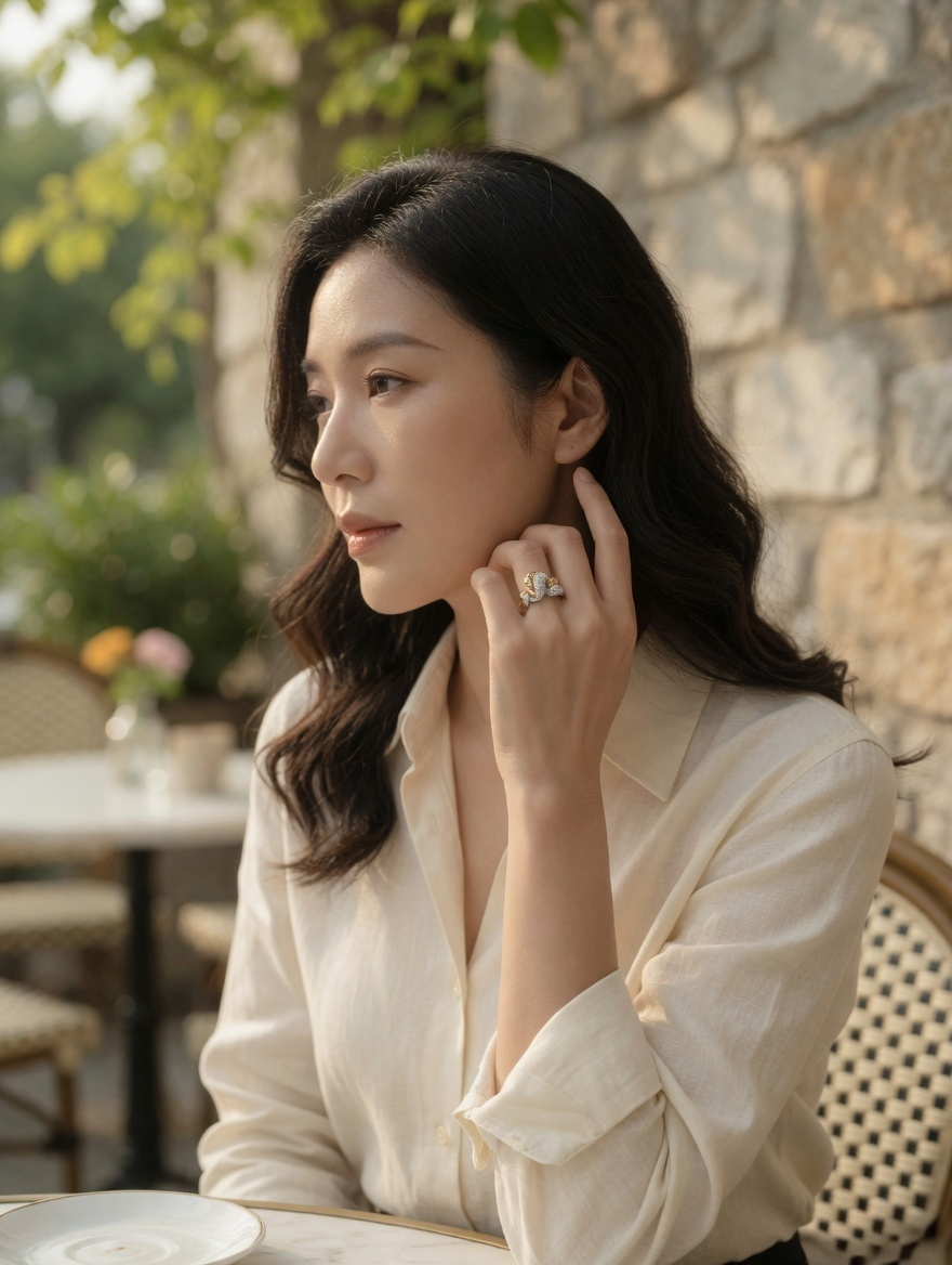 CARV. two-tone sculptural ring set worn with a white blouse for polished everyday styling