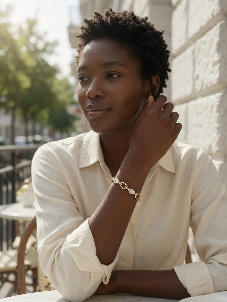 CARV. gold link bracelet with oval links and marquise crystal accents worn on wrist 