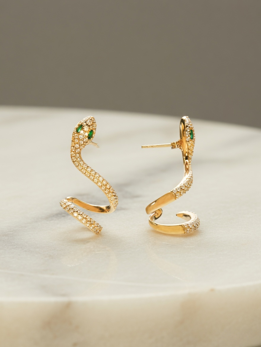 CARV. gold snake curve earrings with sculptural serpent shape, pavé texture and green eye detail