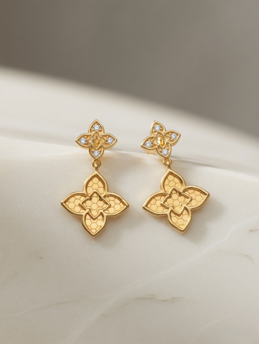 CARV. gold clover drop earrings with ornate quatrefoil design on display
