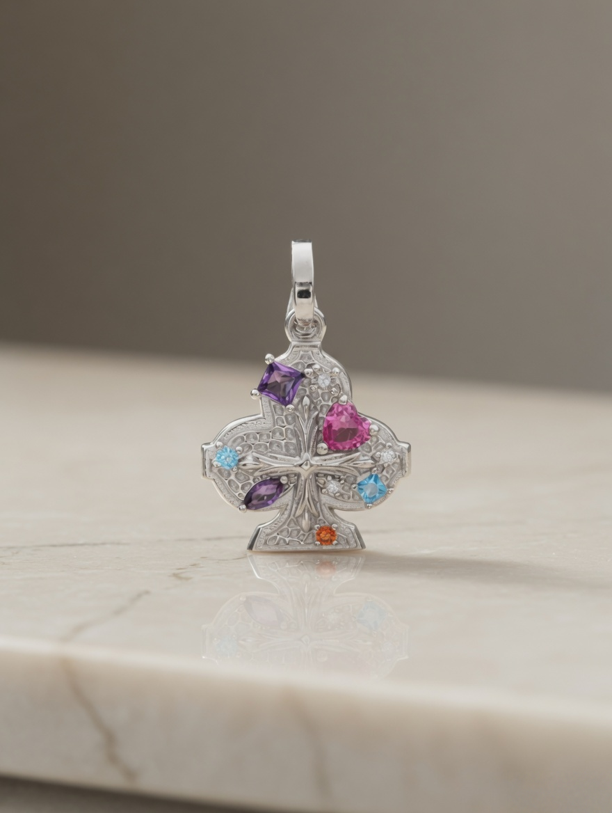 CARV. silver club pendant necklace with multicolour stones, filigree club pendant and polished bail detail