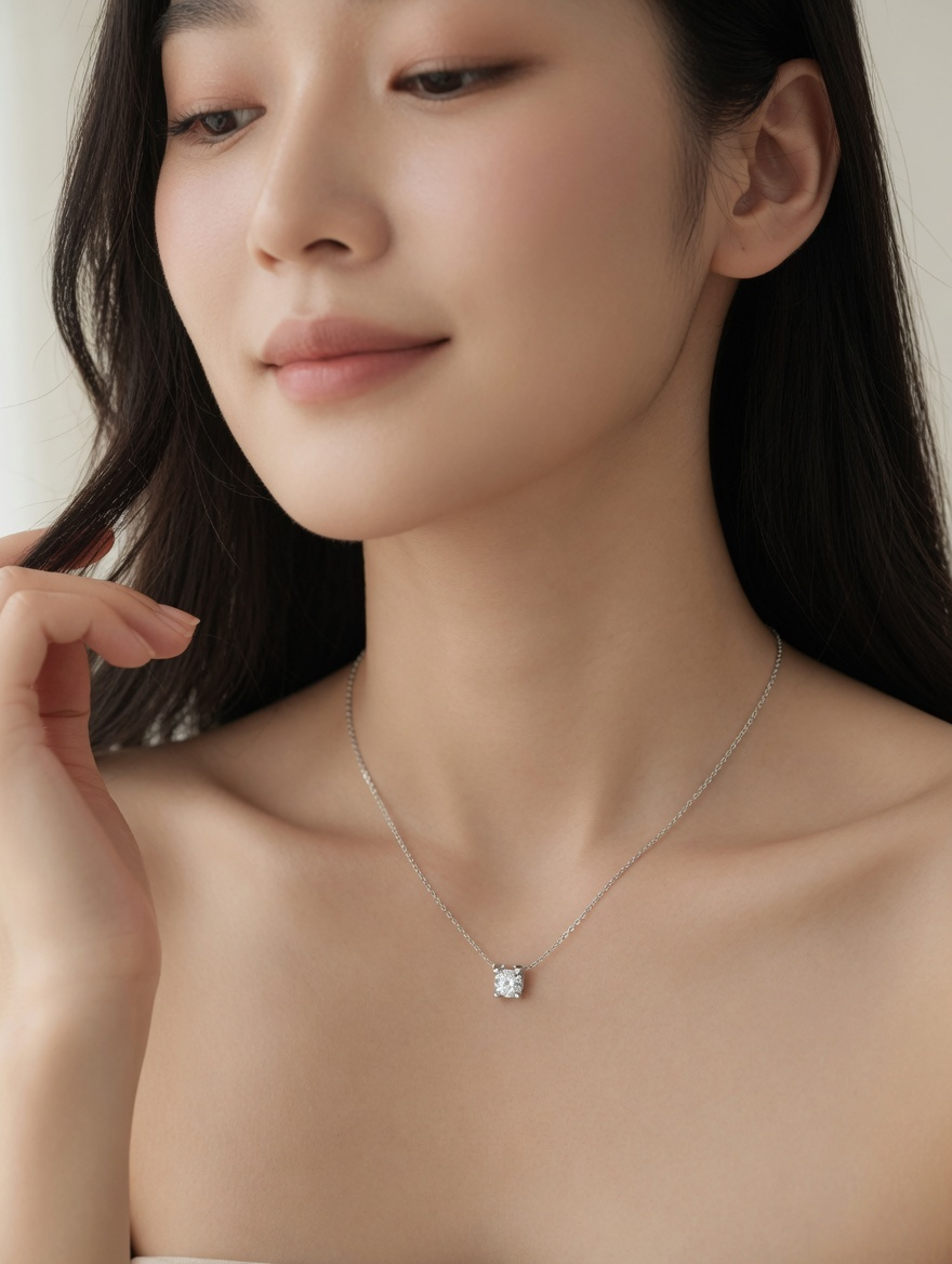 CARV. silver solitaire necklace with clear crystal pendant worn at collarbone