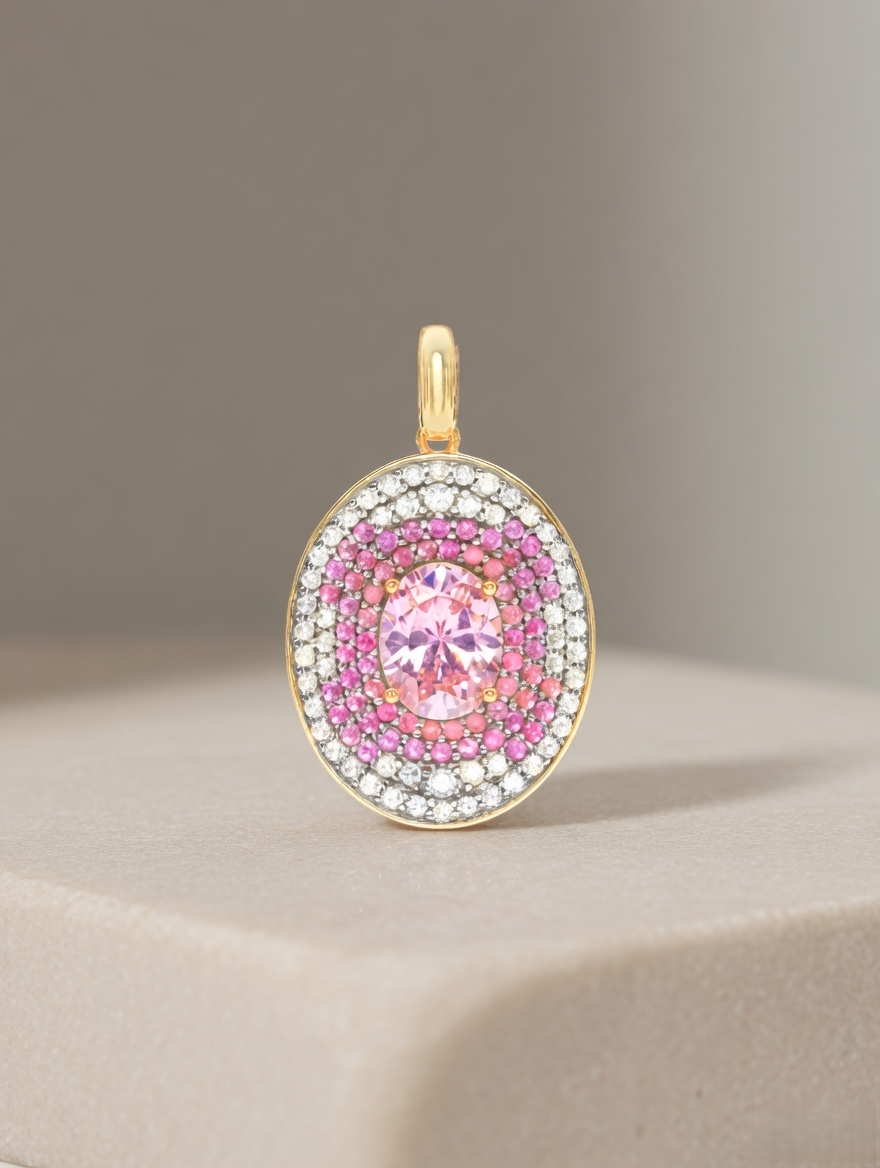 CARV. reversible pink oval pendant necklace with pink centre stone, crystal halo and polished gold bail
