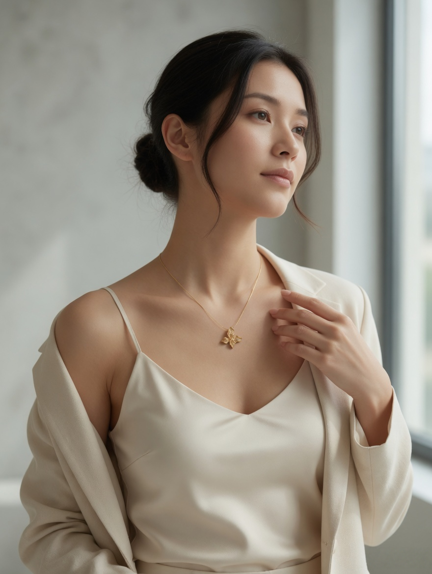 CARV. gold leaf pendant necklace worn at collarbone with leaf pendant and fine chain