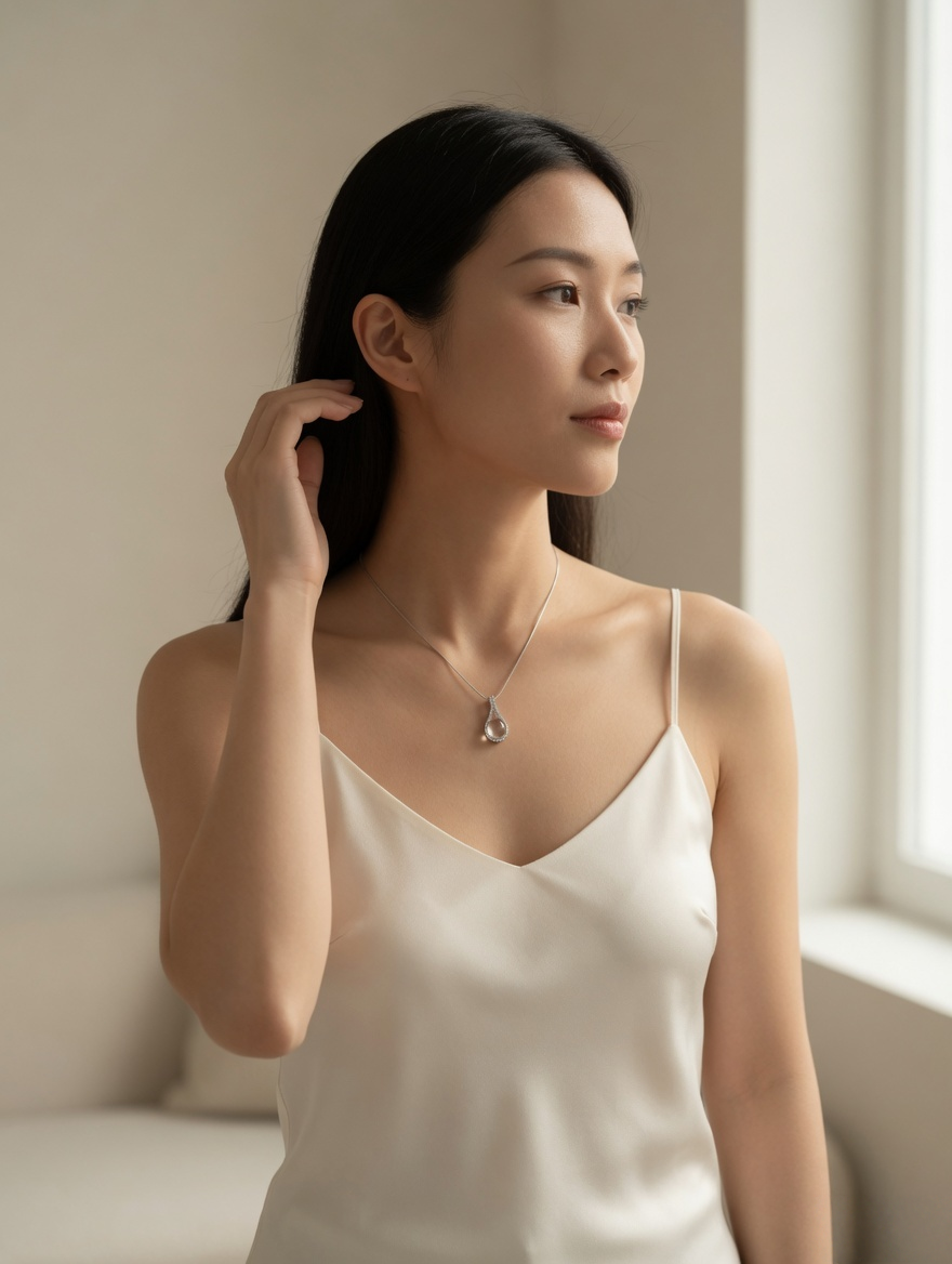 CARV. silver teardrop white crystal pendant worn at collarbone with open drop pendant design