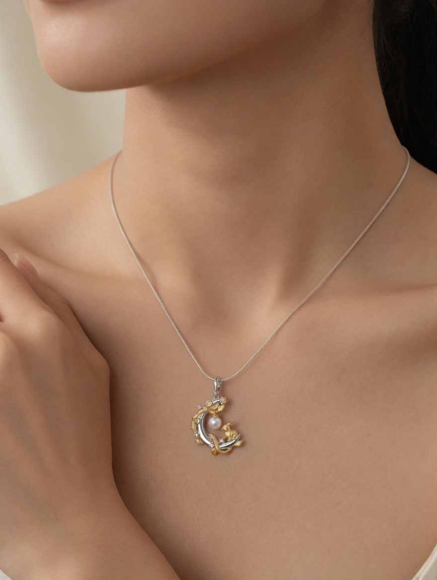 CARV. two-tone moon rabbit pearl pendant necklace with silver crescent moon, gold rabbit detail and white pearl charm worn on neck