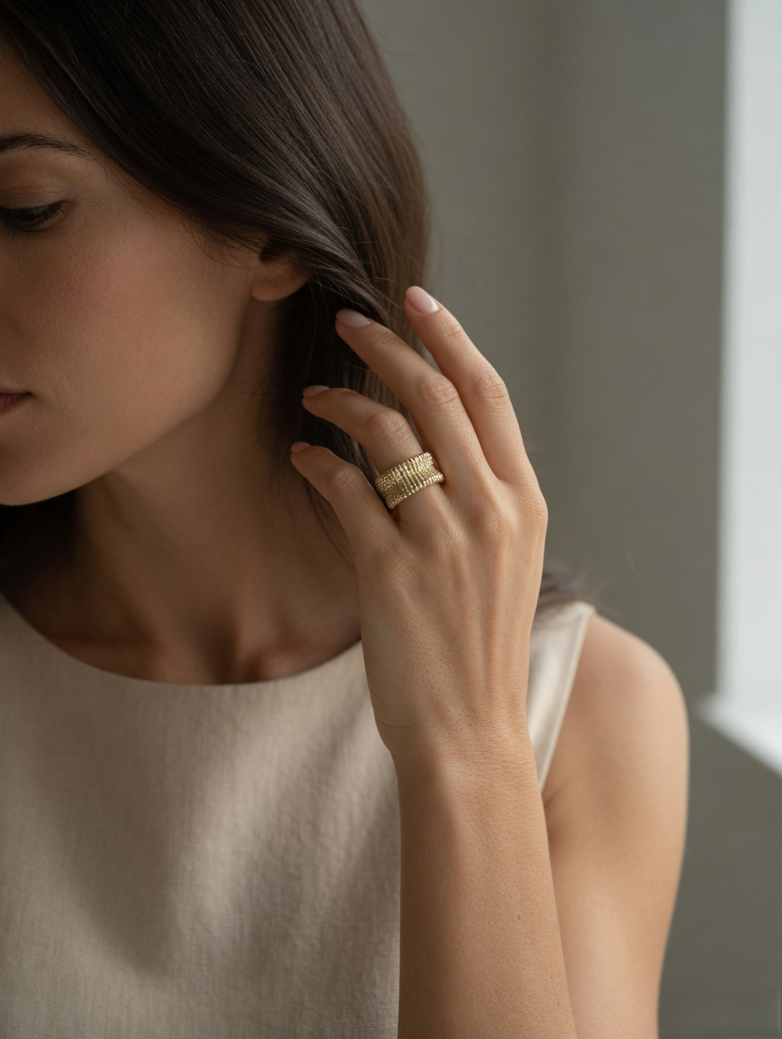 CARV. gold textured wide band ring worn on hand with ribbed gold surface