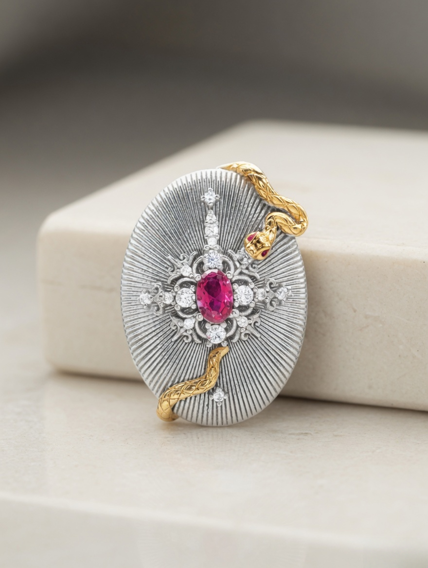 CARV. ruby serpent medallion pendant displayed on stone surface with oval silver medallion and gold snake detail