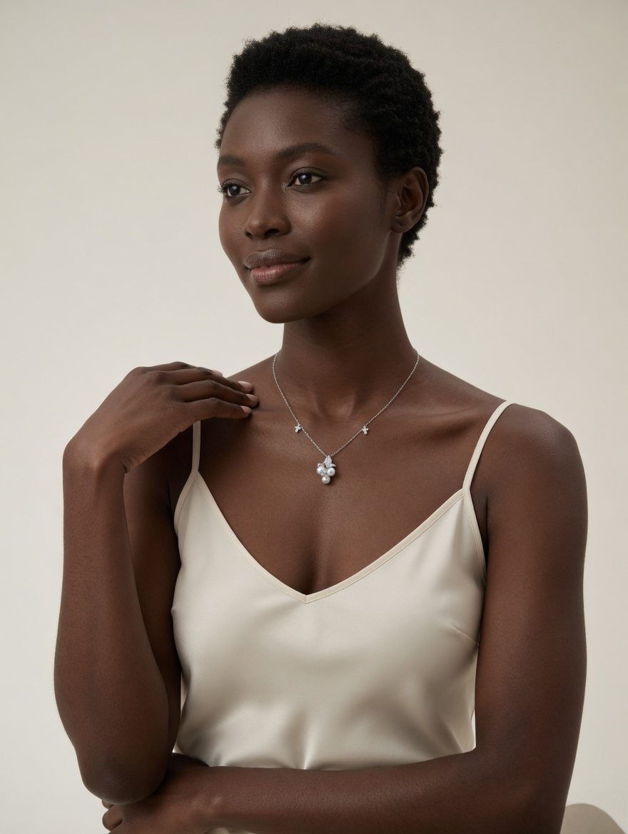 CARV. silver pearl cluster necklace with clustered pearl pendant and star chain detail worn on neck