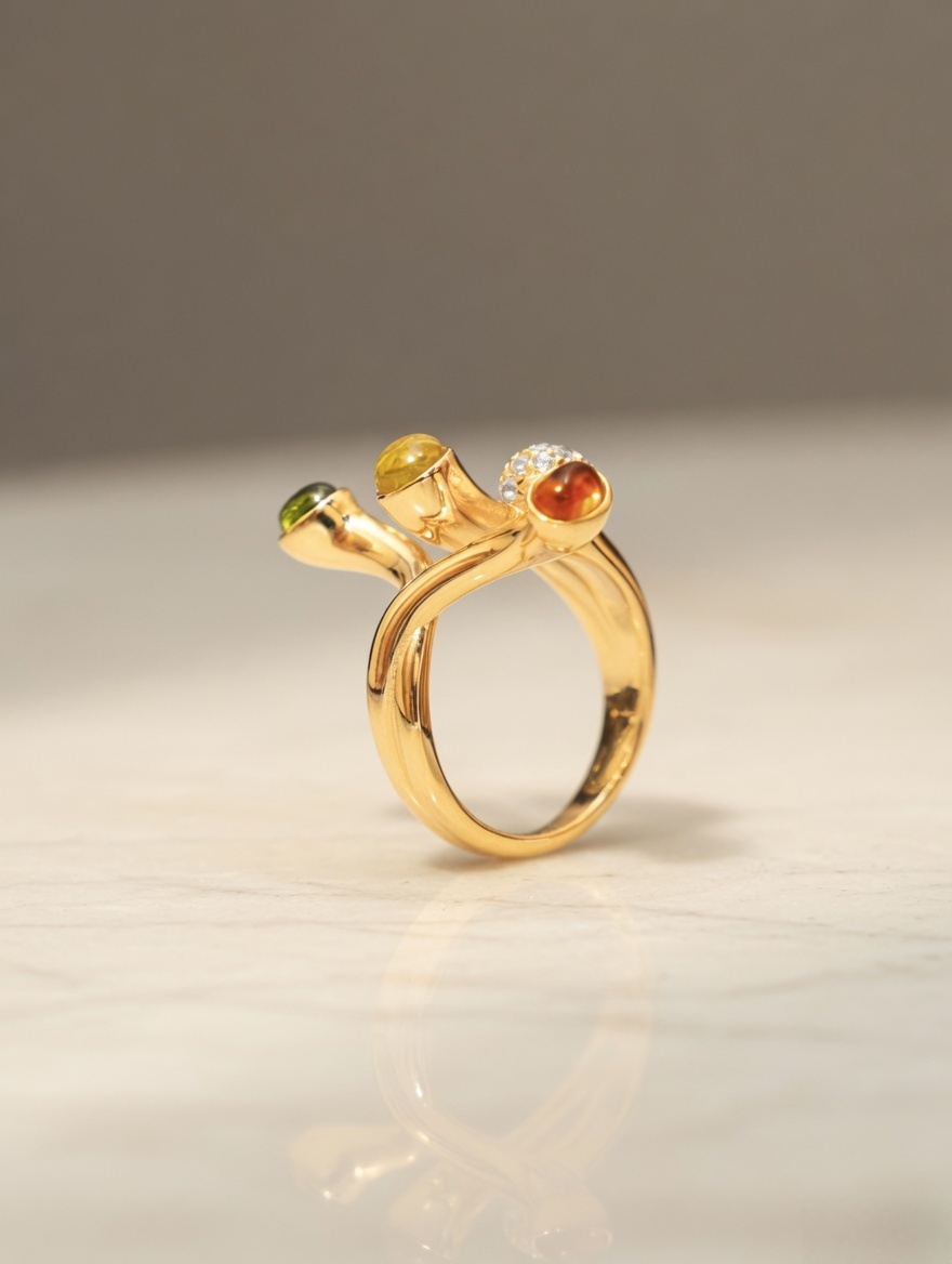 CARV. gold multi-stone open ring with green, orange and red stone accents