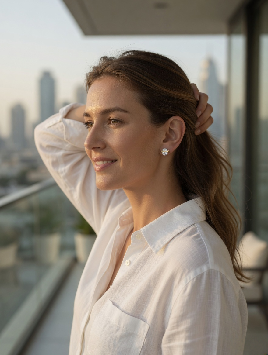 CARV. gold round crystal orbit stud earrings worn on ear in outdoor portrait