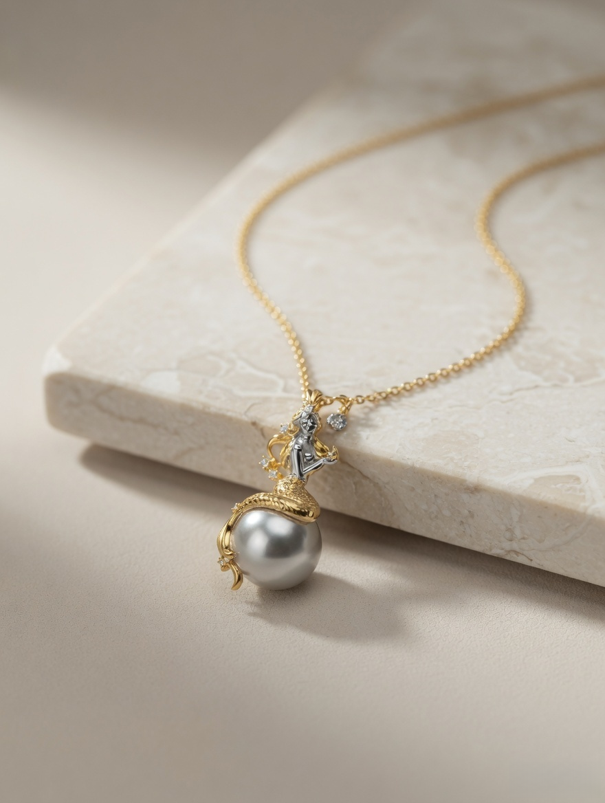 CARV. gold pearl pendant necklace with grey pearl drop, zircon accent and close-up pendant detail
