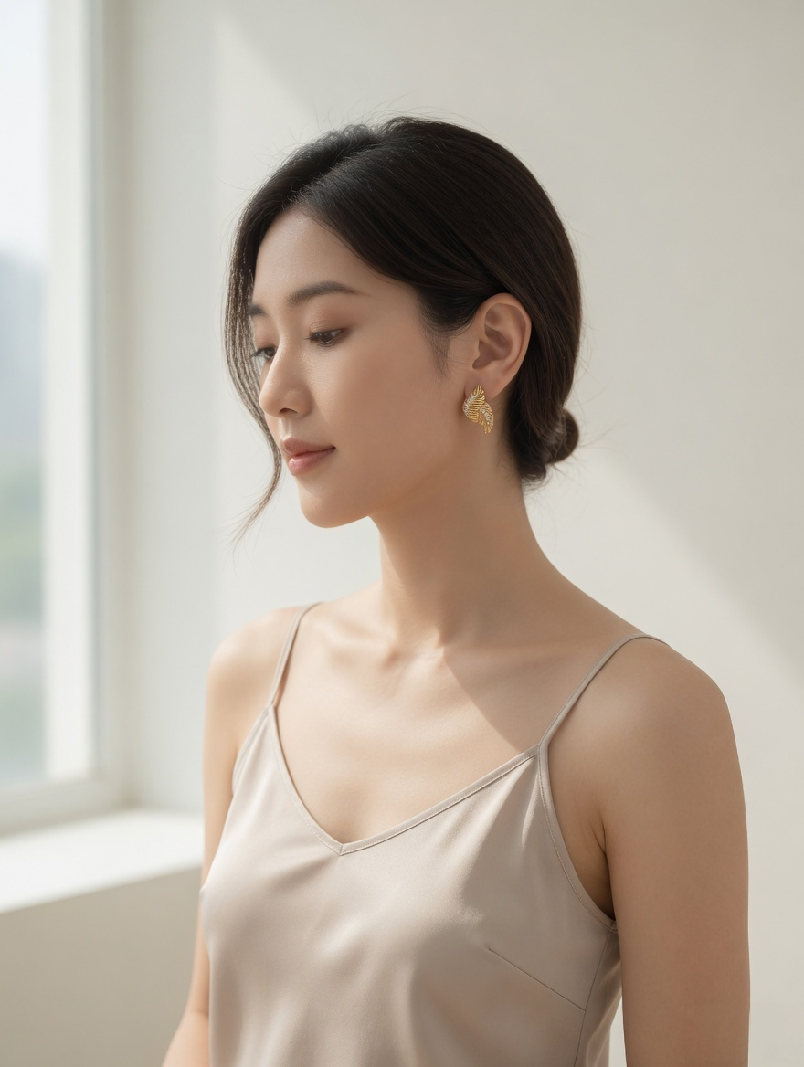 CARV. gold leaf pavé stud earrings worn on ear