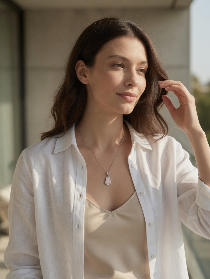 CARV. silver pink gourd pendant necklace worn at collarbone with pavé outline and soft pink centre