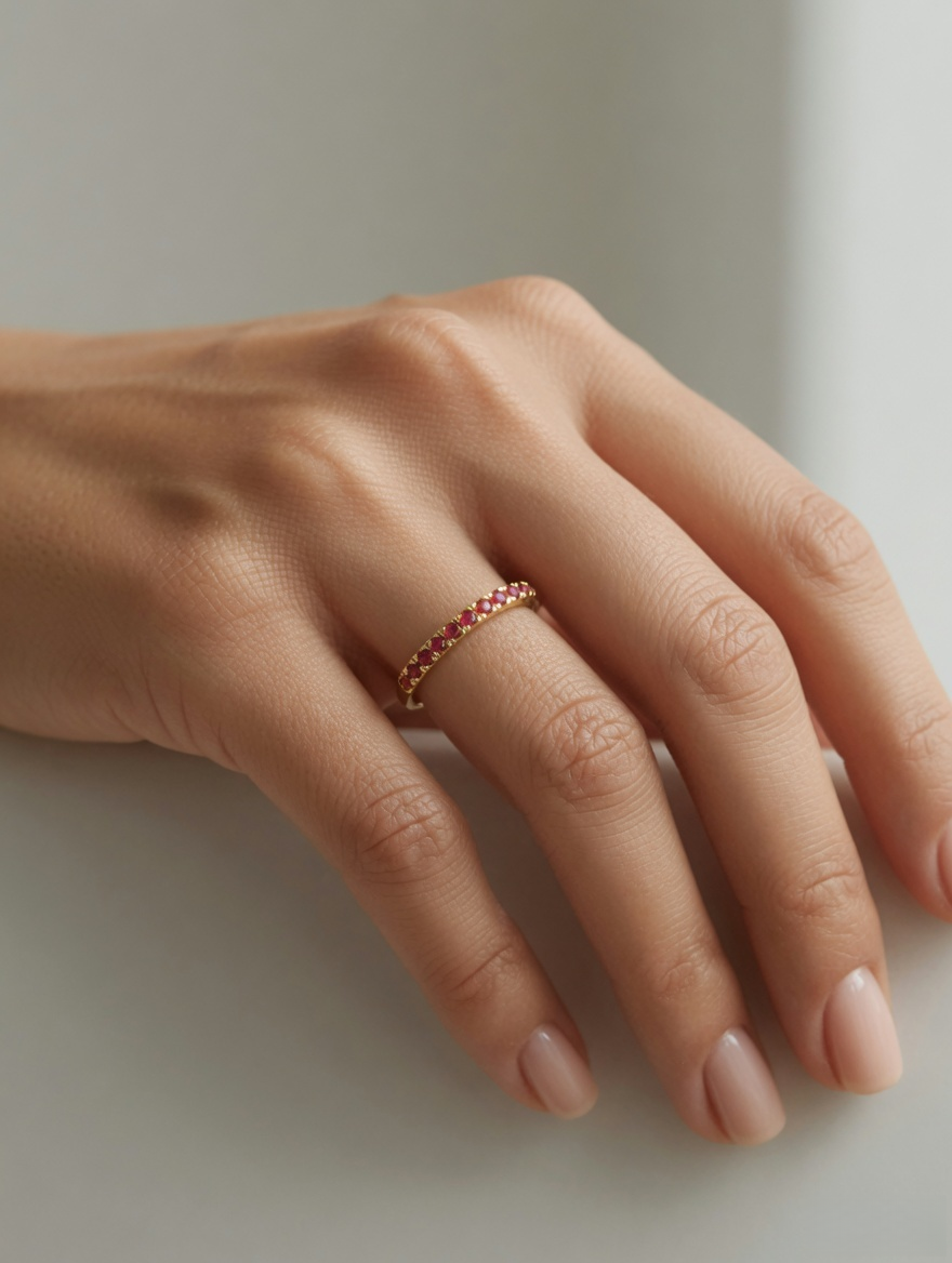 CARV. gold red stone band ring worn on hand with slim band and red stone setting