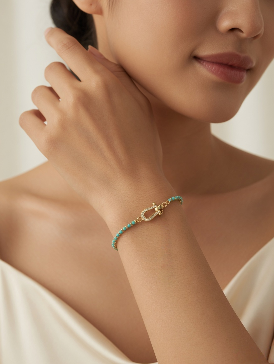 CARV. turquoise beaded bracelet with gold bar accent worn on wrist in close-up styling