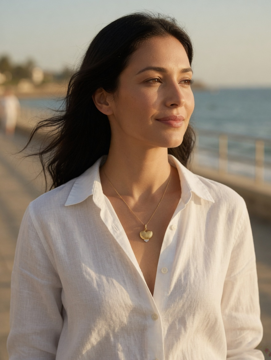 CARV. gold shell pendant necklace worn at collarbone in side view