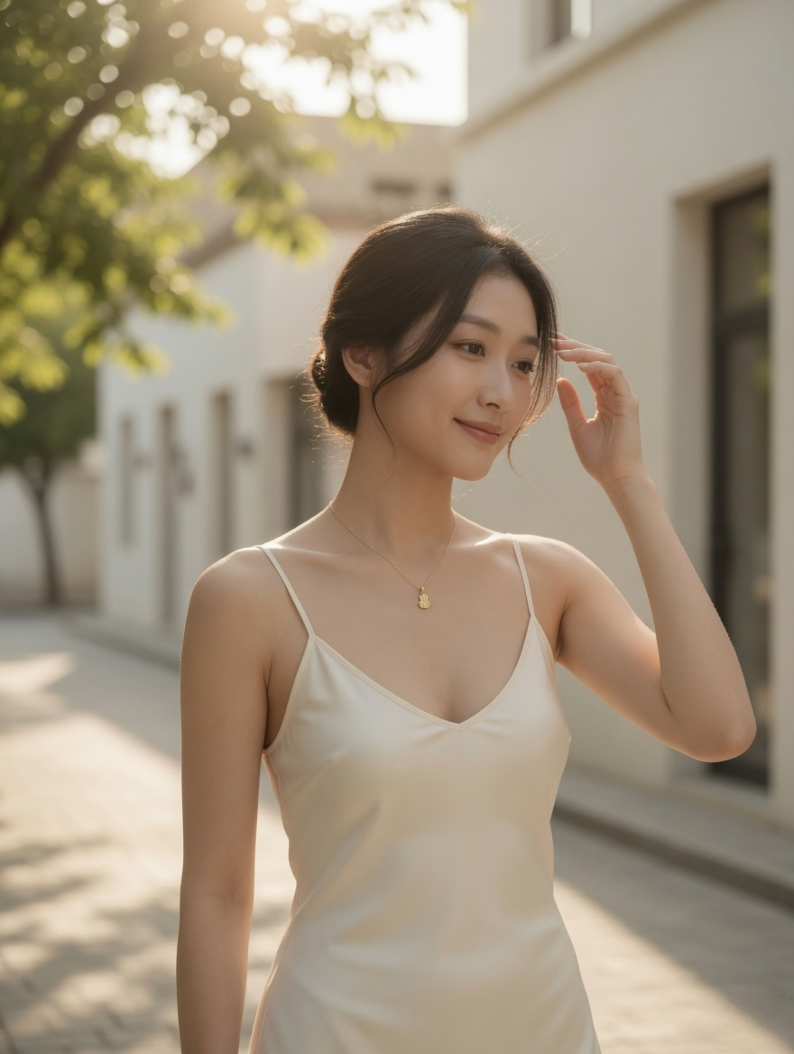 CARV. gold filigree gourd pendant necklace worn at collarbone full upper-body view