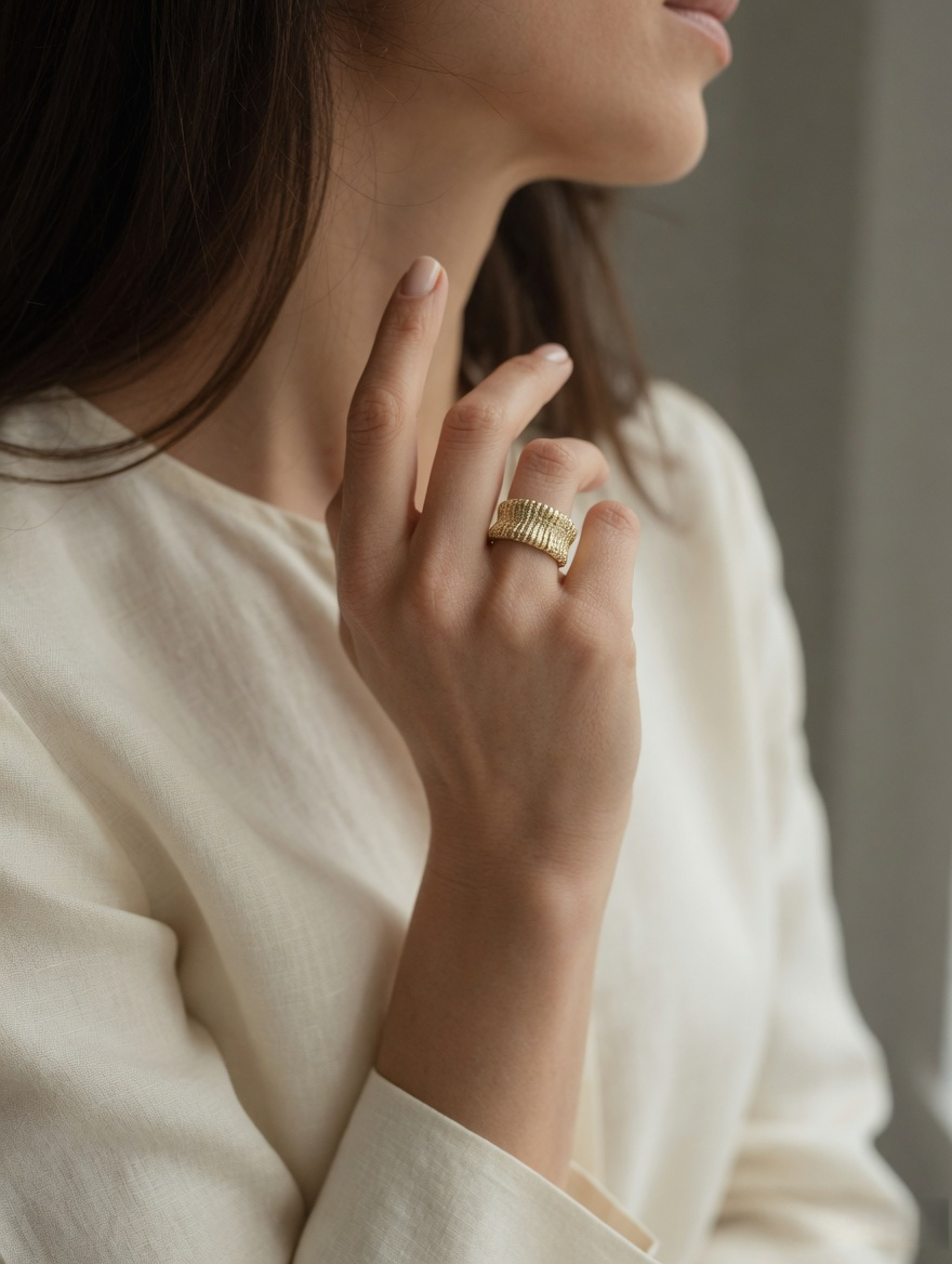 CARV. gold textured wide band ring worn on hand with thick band shape