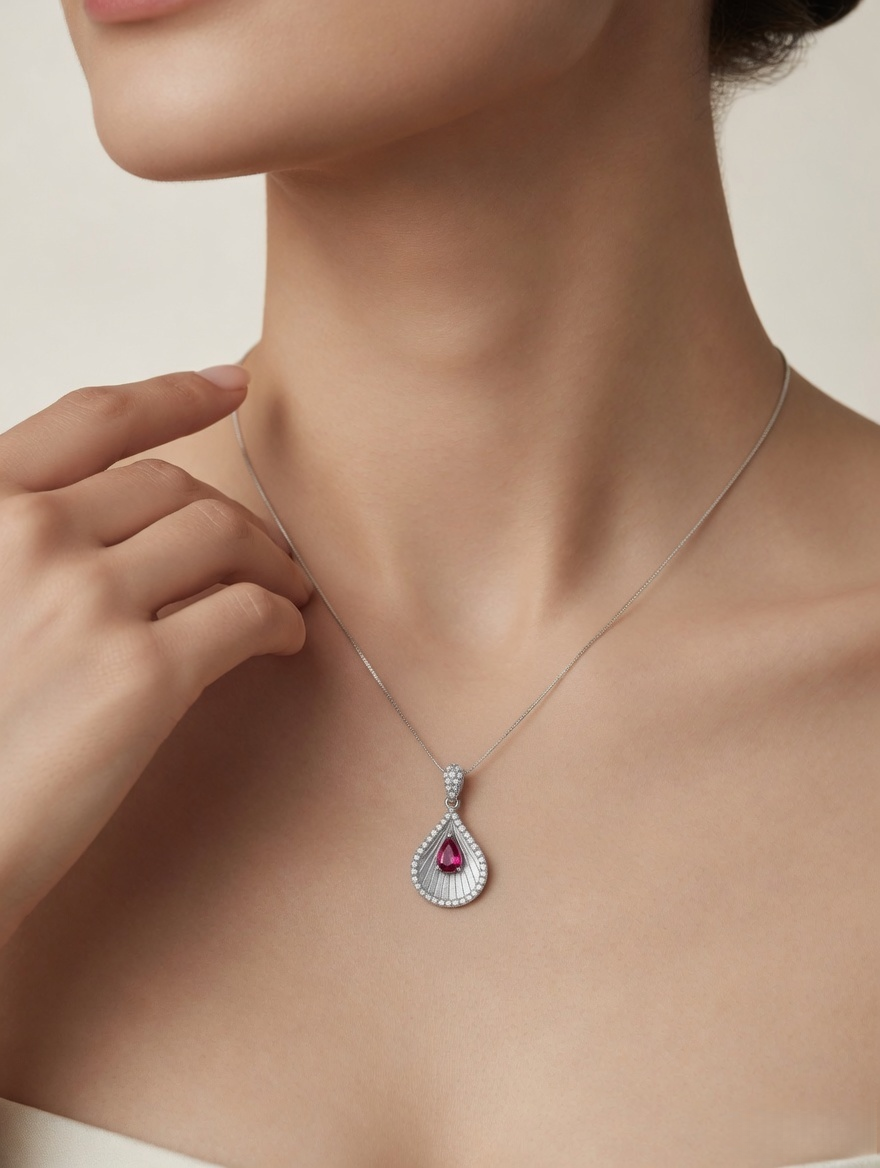 CARV. silver teardrop pendant necklace worn at collarbone with pink centre stone and pavé detail