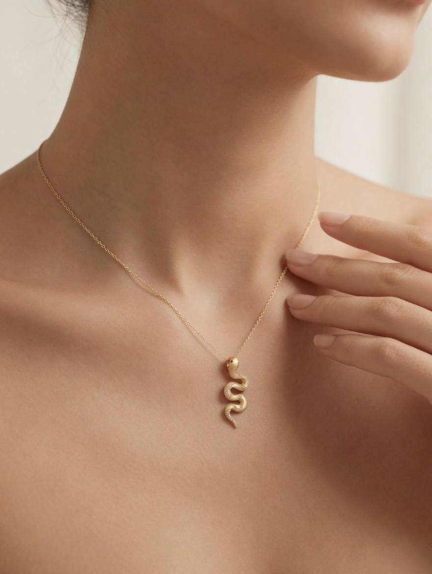 CARV. gold snake pendant necklace worn at collarbone with textured serpent pendant