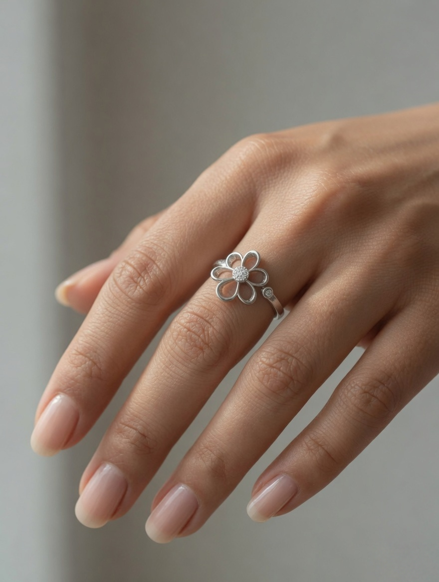 CARV. silver daisy flower ring with crystal center and open petal design worn on hand