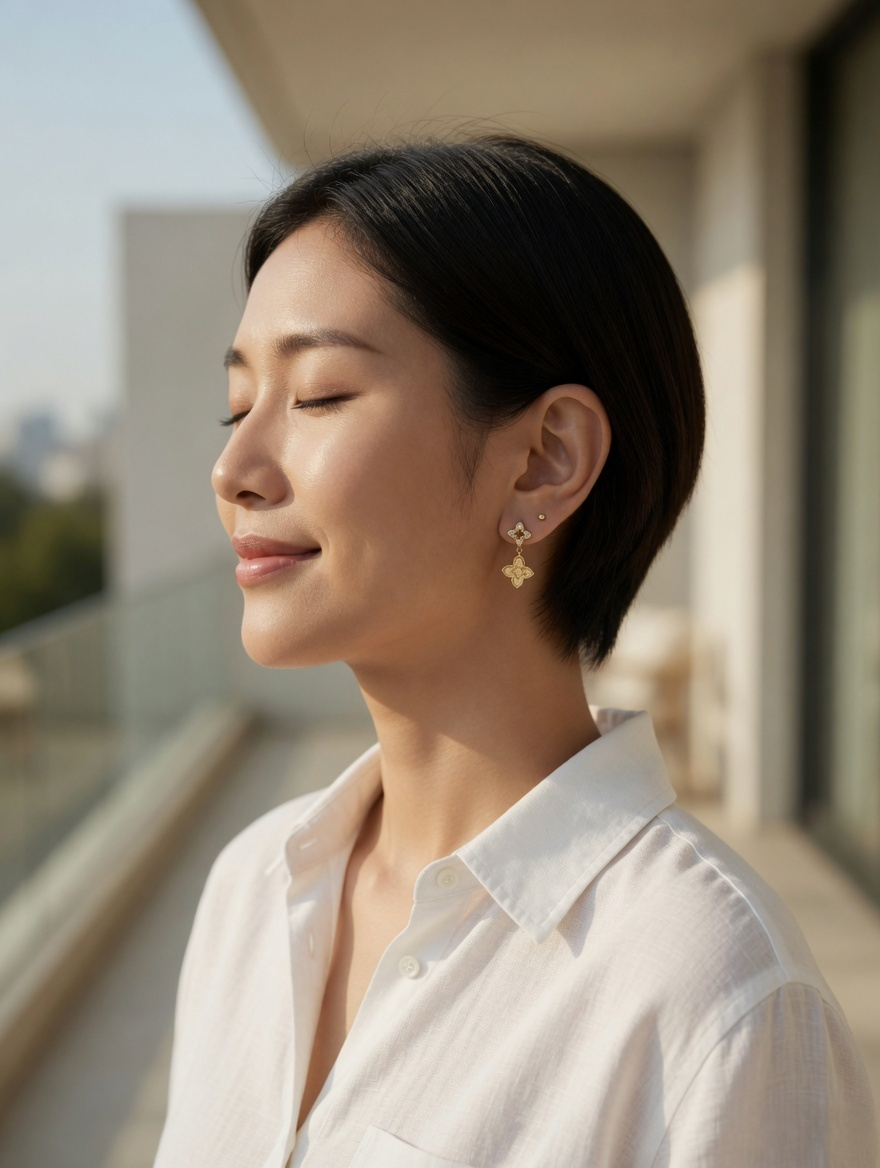 CARV. gold clover drop earrings worn on ear