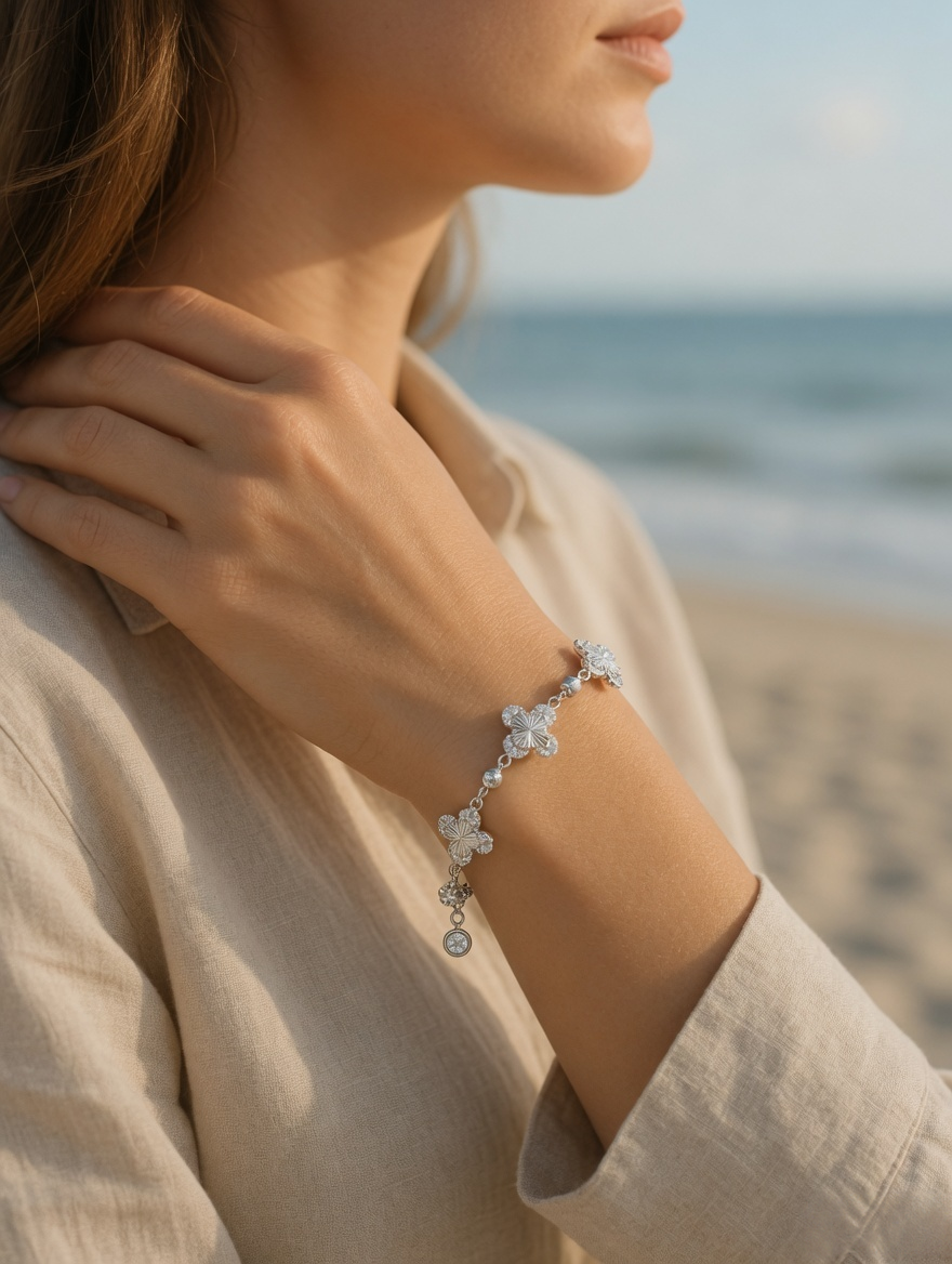 CARV. silver clover bracelet with crystal clover charms and dangling round bead worn on wrist