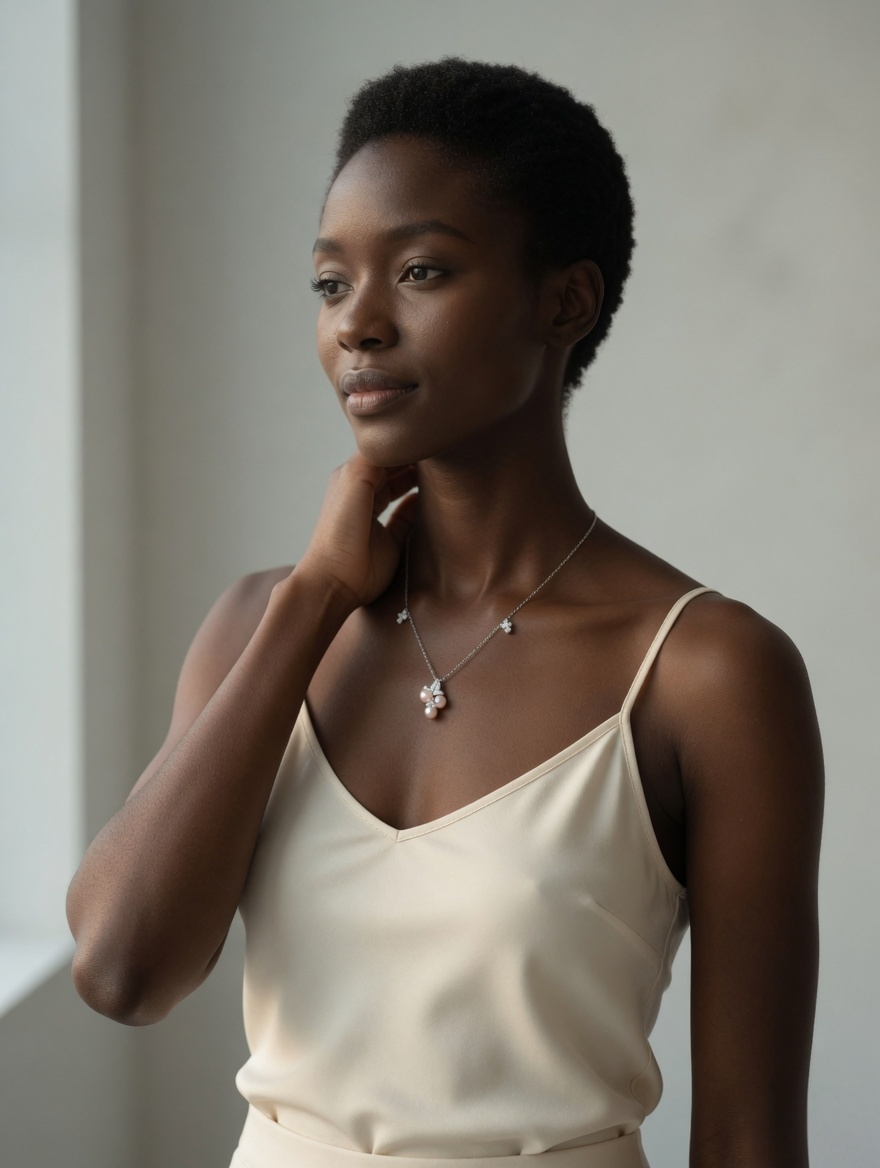 CARV. silver pink berry cluster necklace styled on neckline with pink bead cluster pendant