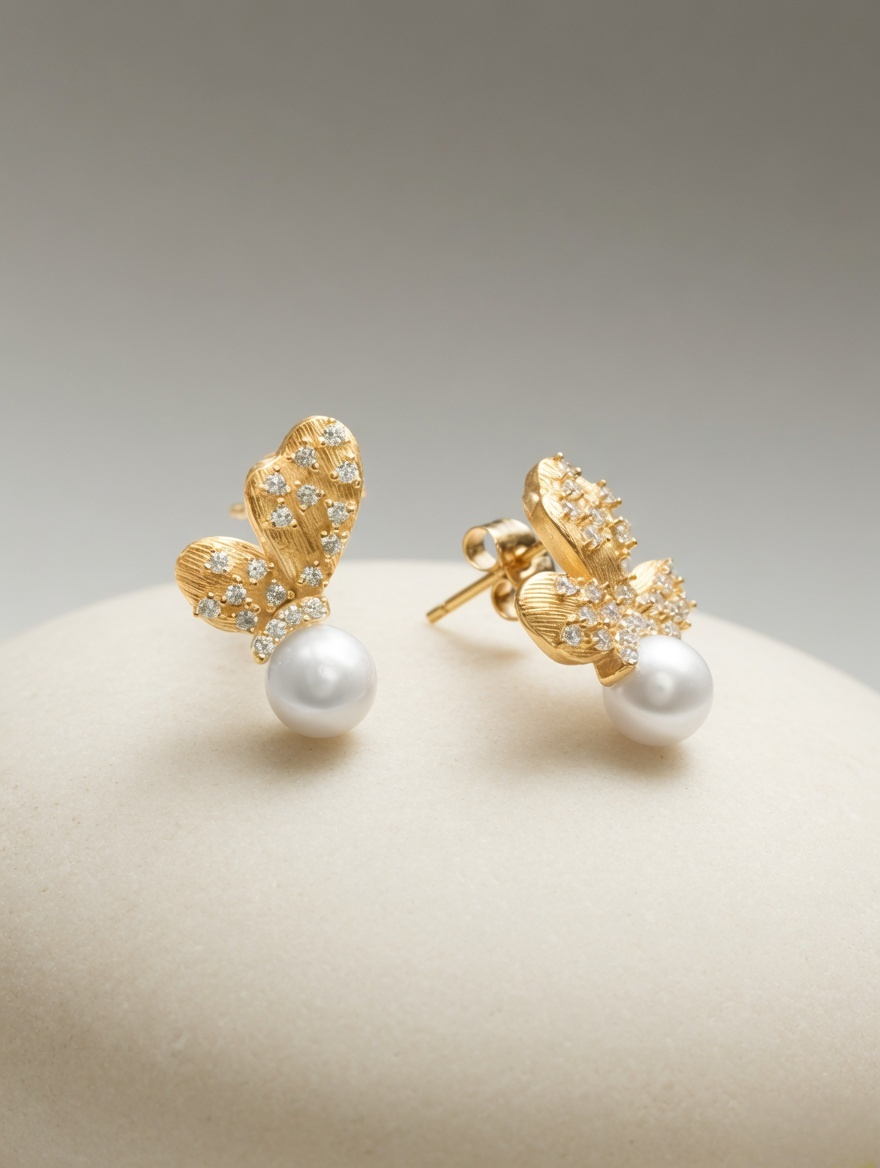 CARV. gold pearl floral stud earrings with pavé petals, round pearl drop and side display