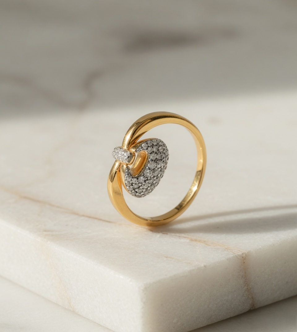CARV. gold bag charm ring with sculptural round handle, polished band and pavé stone detail