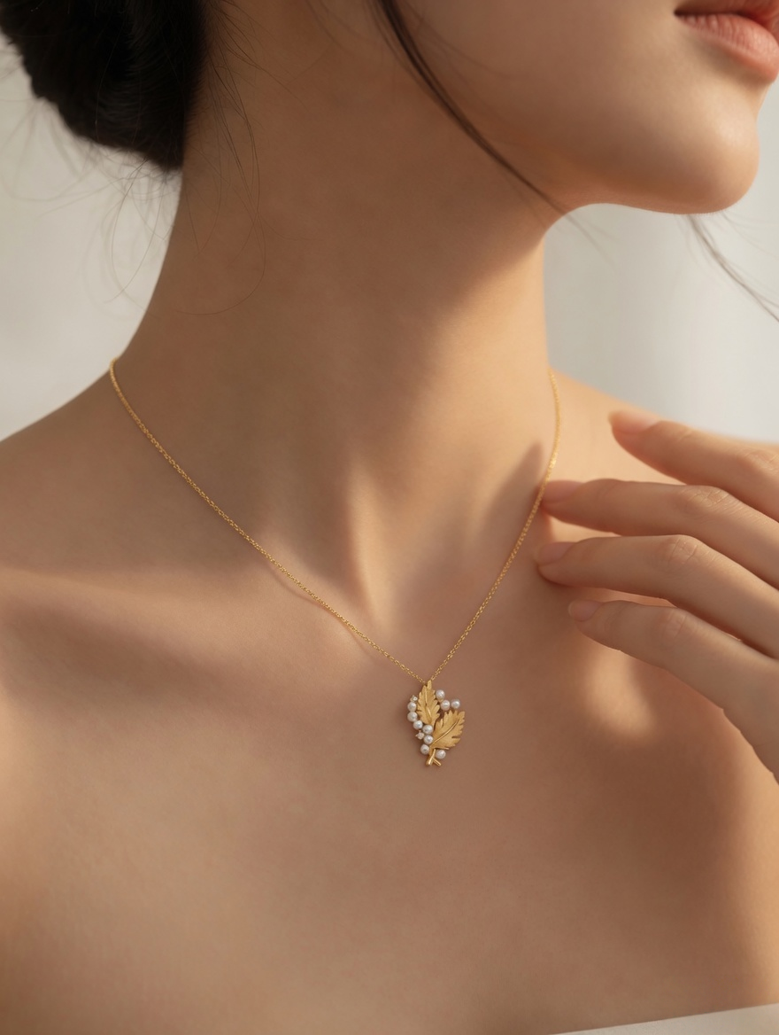 CARV. gold oak leaf pearl pendant necklace worn at collarbone with textured leaf pendant and white pearl cluster