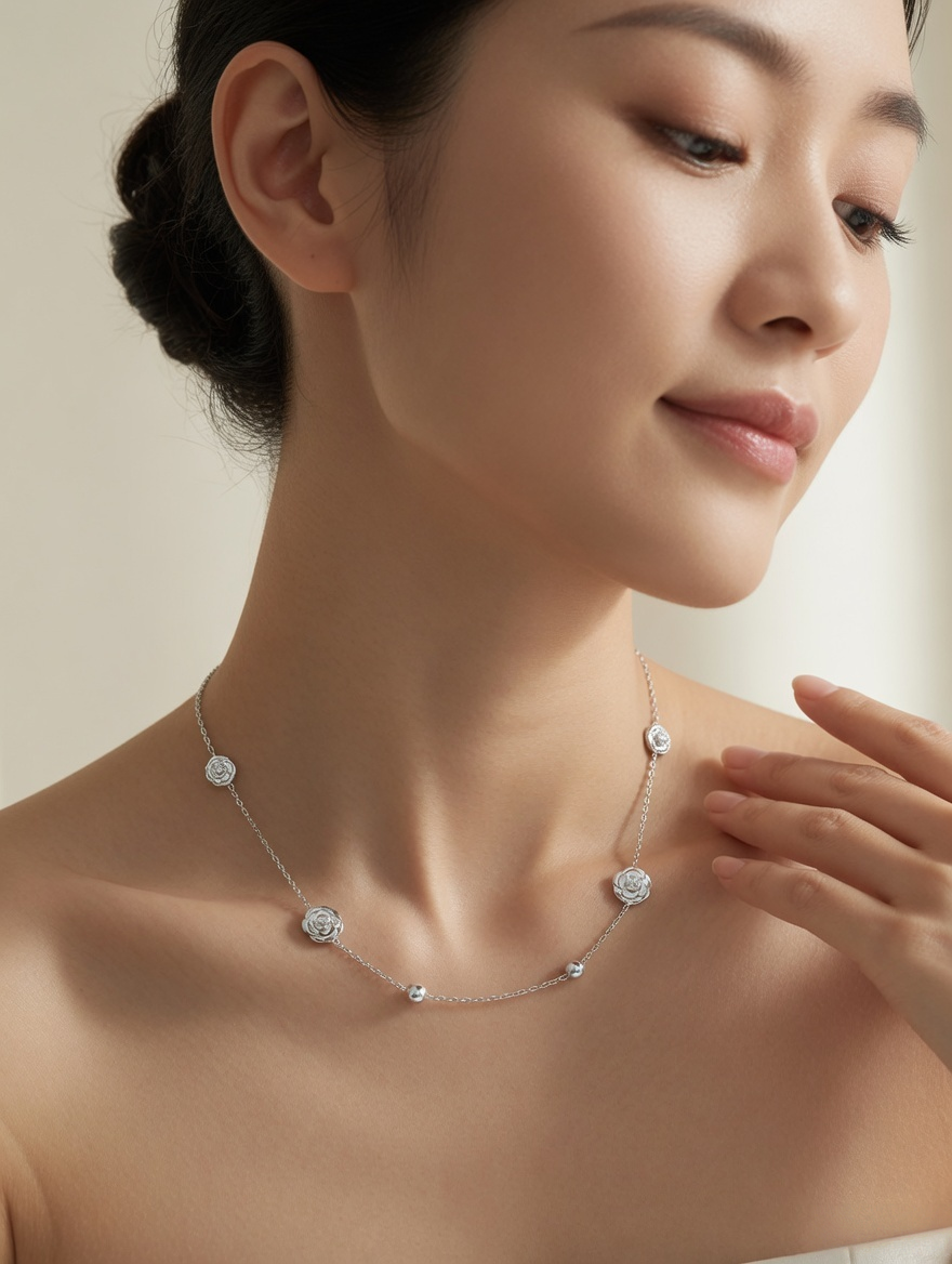 CARV. silver rose station necklace worn at collarbone with floral bead stations and fine chain