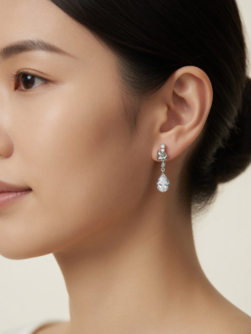 CARV. silver bow knot drop earrings worn on ear with pear-cut drop stone detail