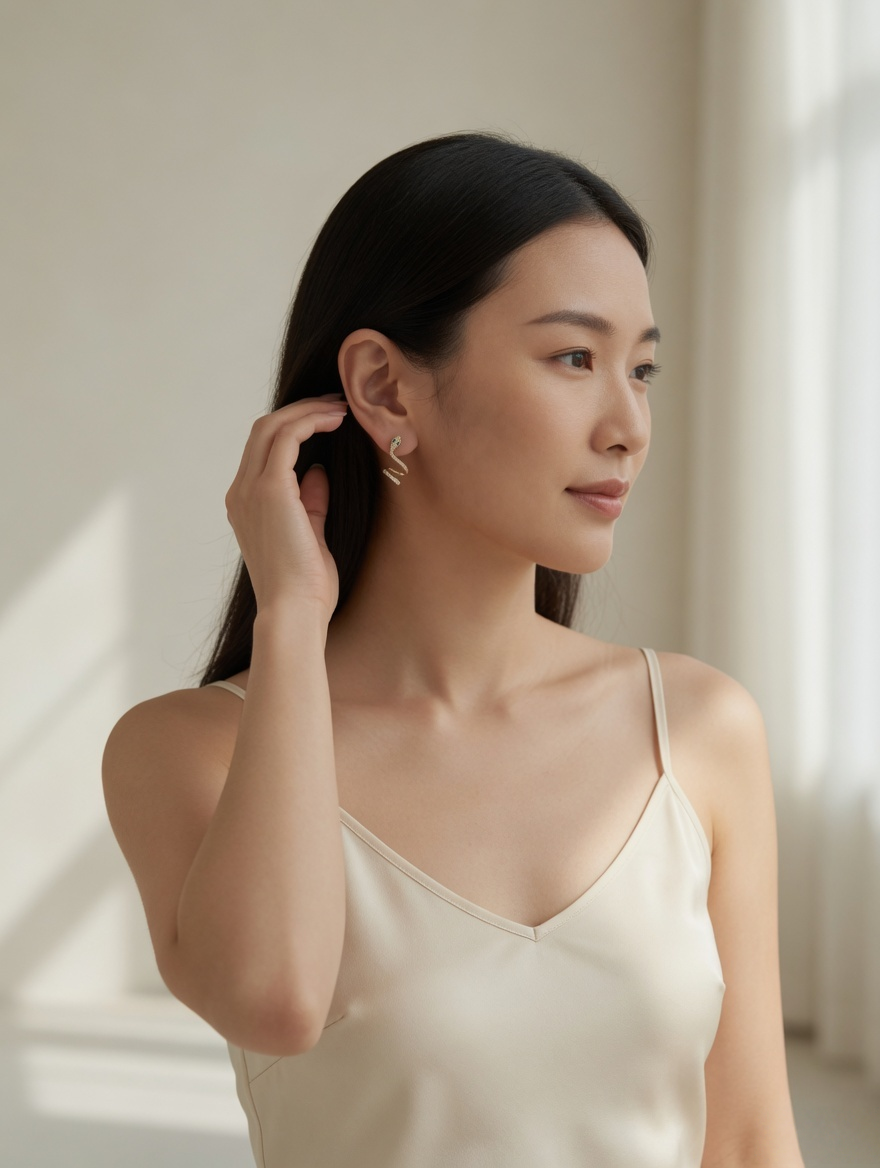 CARV. gold snake curve earrings shown on ear in portrait view with curved serpent design