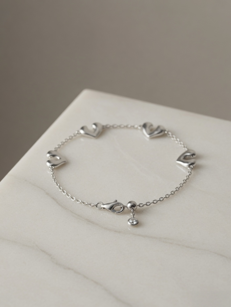 CARV. silver open heart charm bracelet displayed on a stone surface with hanging charm detail