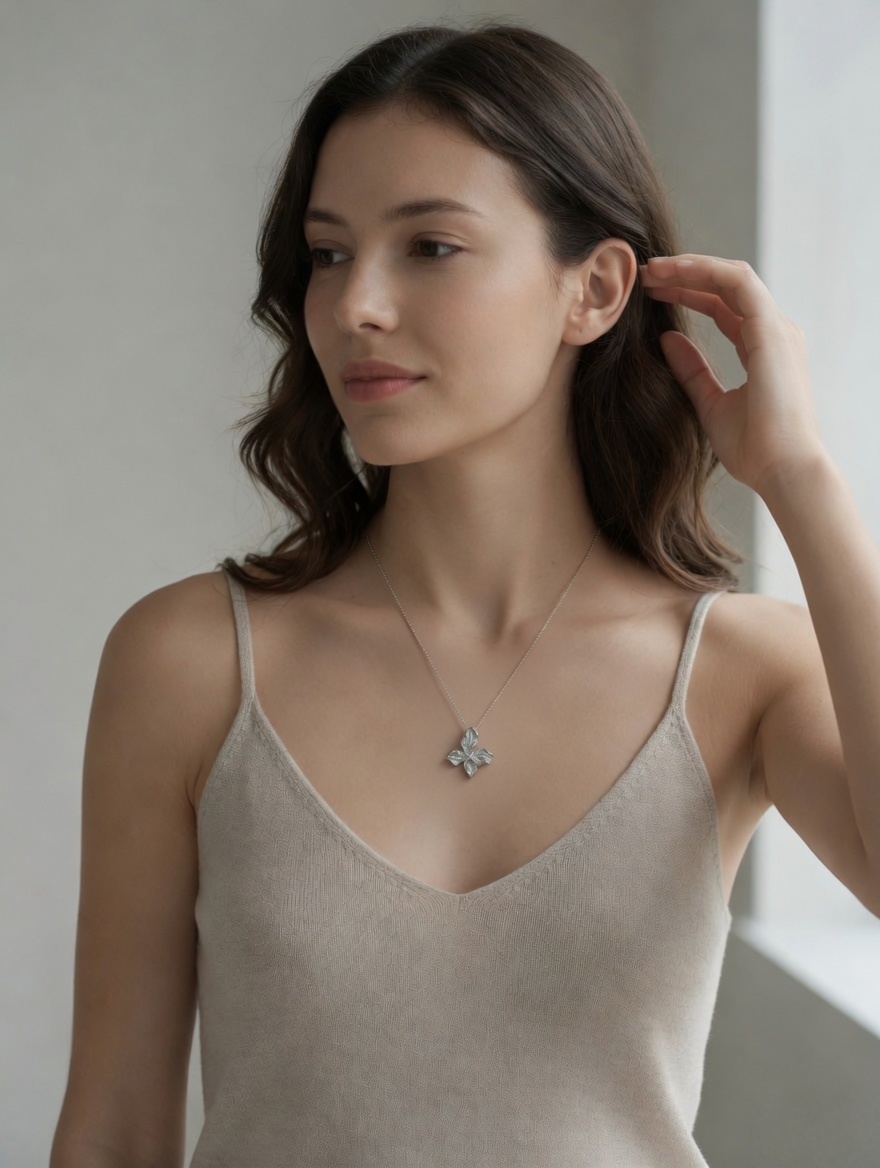 CARV. silver leaf pendant necklace worn at collarbone with leaf pendant and fine chain