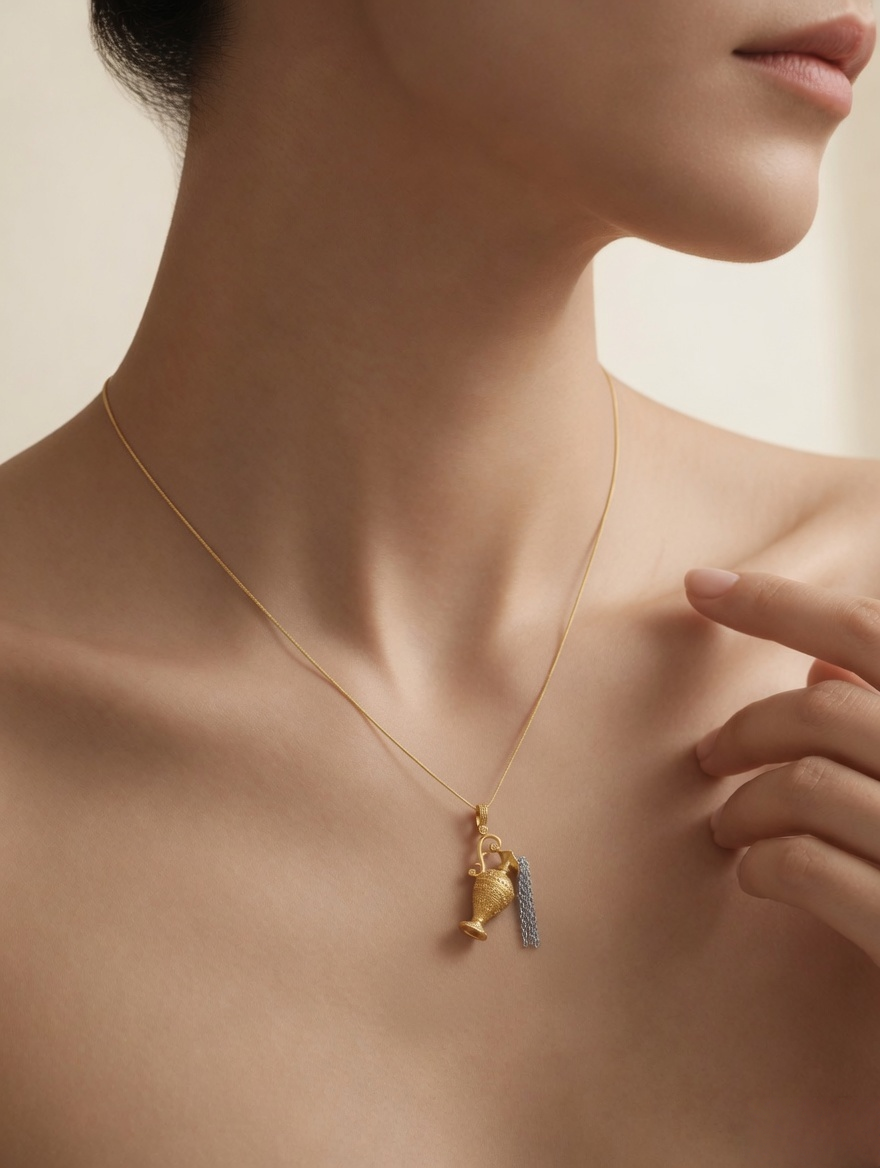 CARV. two-tone ewer pendant necklace with gold vessel charm and silver tassel detail worn at collarbone