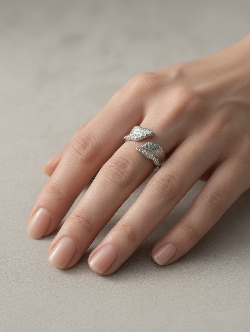 CARV. silver leaf open ring worn on hand with layered leaf design and pavé detail