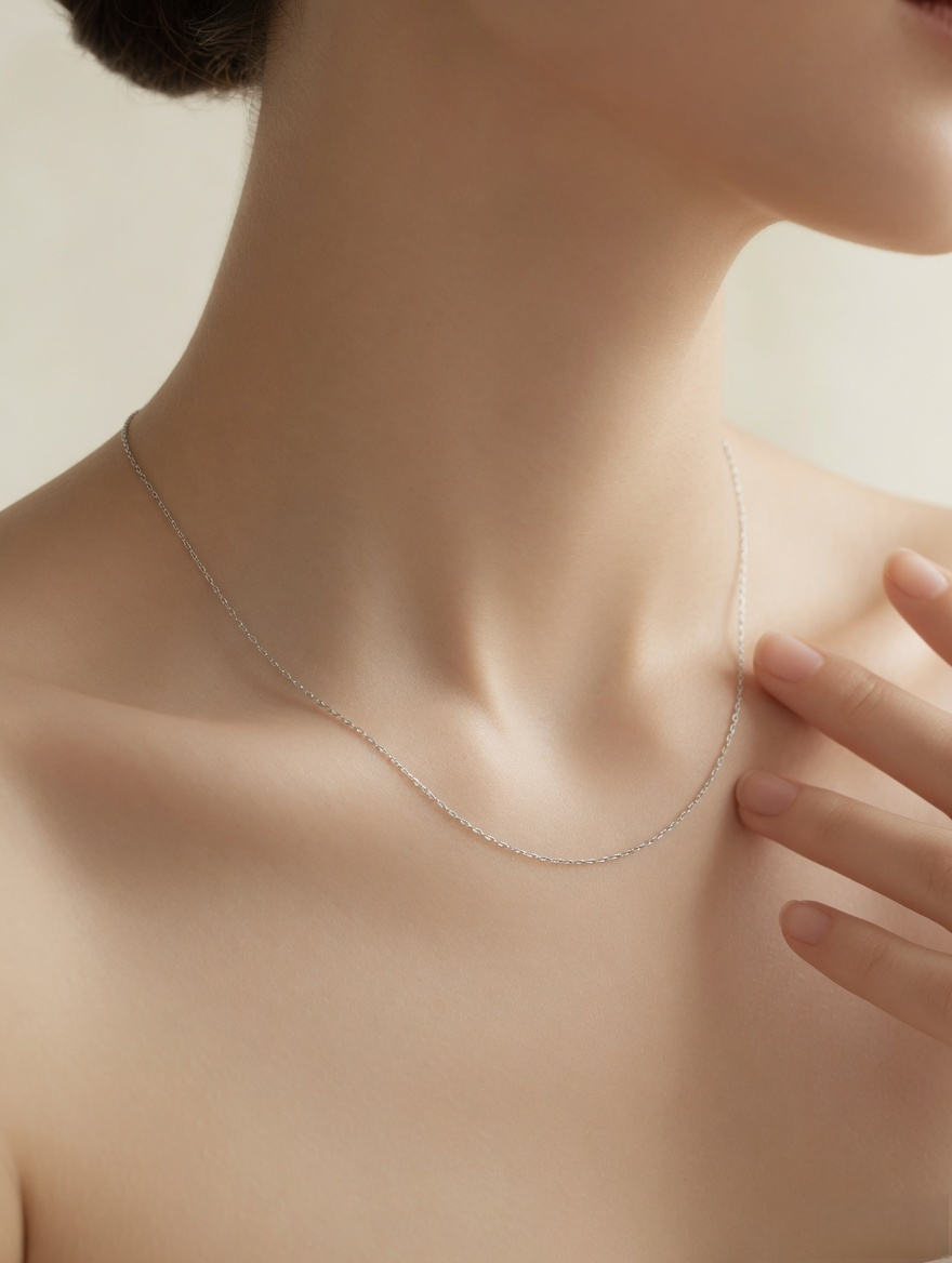 CARV. silver single chain necklace worn at collarbone with a fine minimalist chain