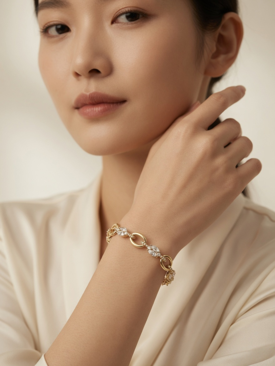CARV. gold link bracelet with oval links and marquise crystal accents worn on wrist 