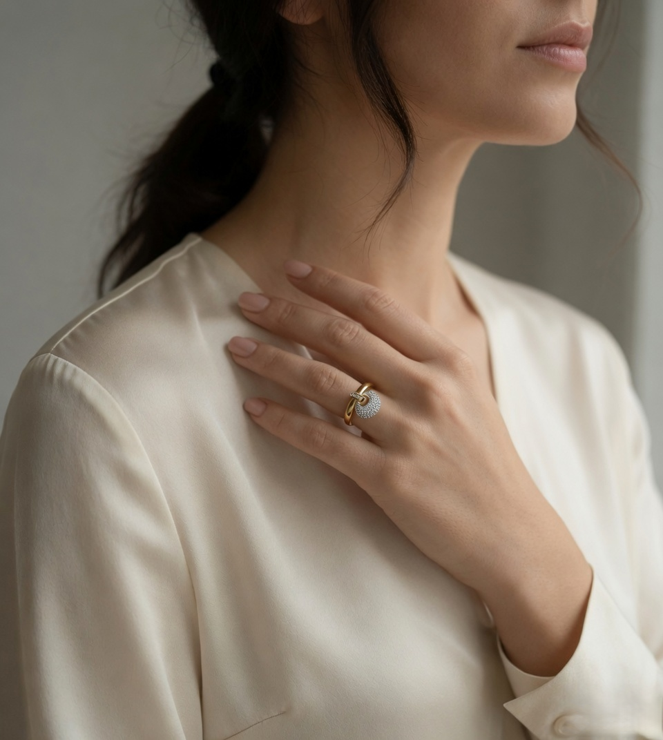 CARV. gold bag charm ring styled on finger with sculptural handle design and pavé accent
