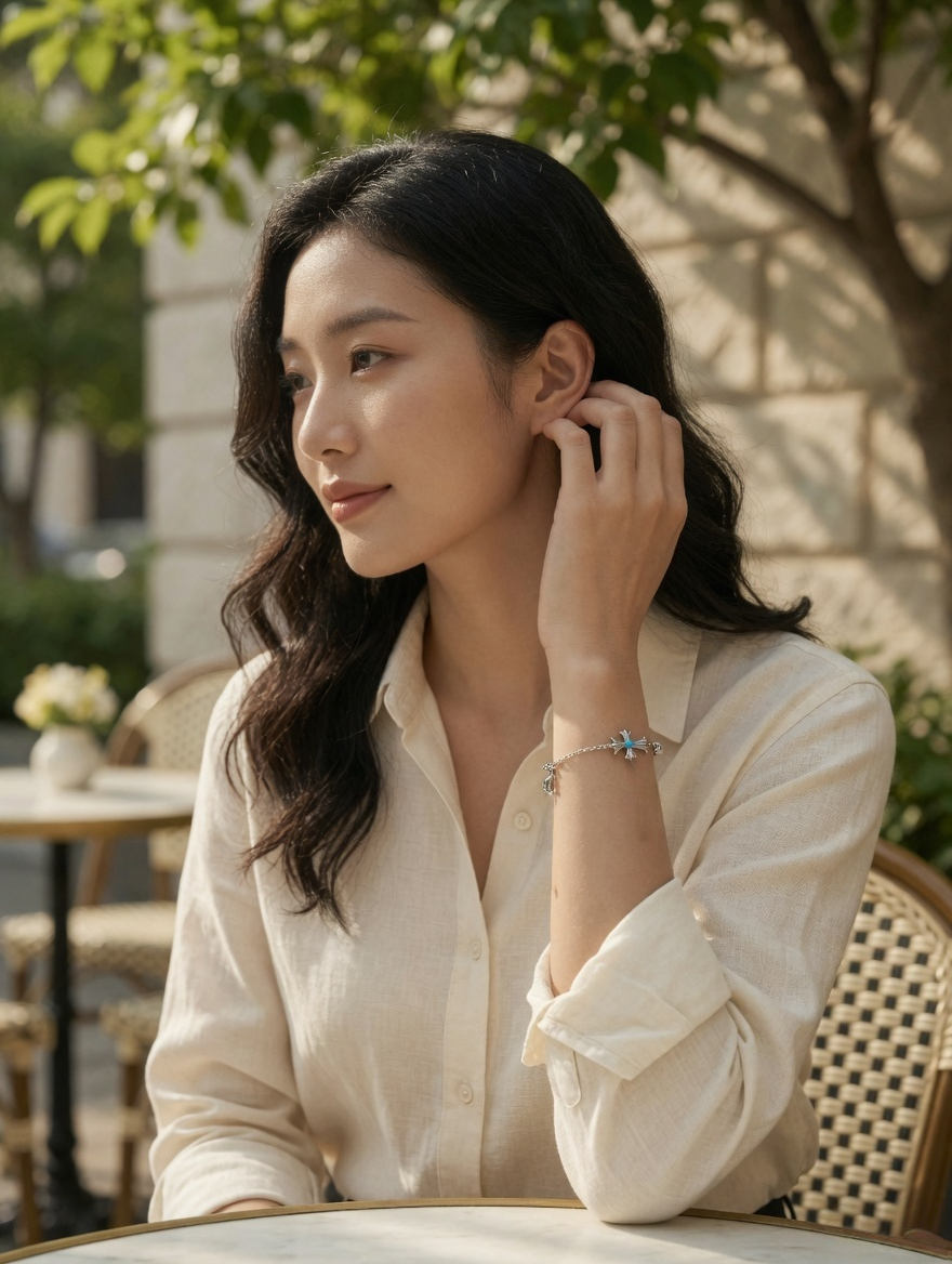 CARV. silver cross bracelet with turquoise accent shown in a natural wrist-wearing view
