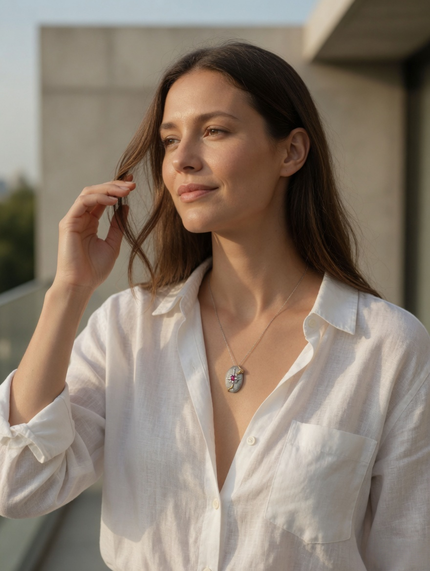 CARV. ruby serpent medallion pendant necklace worn at collarbone with pink centre stone and two-tone medallion design