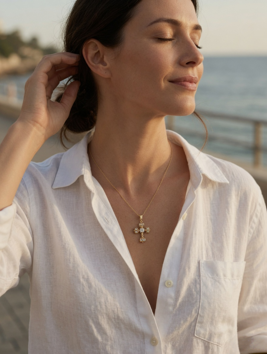 CARV. gold crystal cross pendant necklace worn on neck