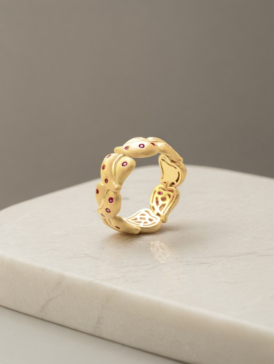 CARV. gold leaf band ring with sculptural leaf motif, red stone accents and openwork band on display