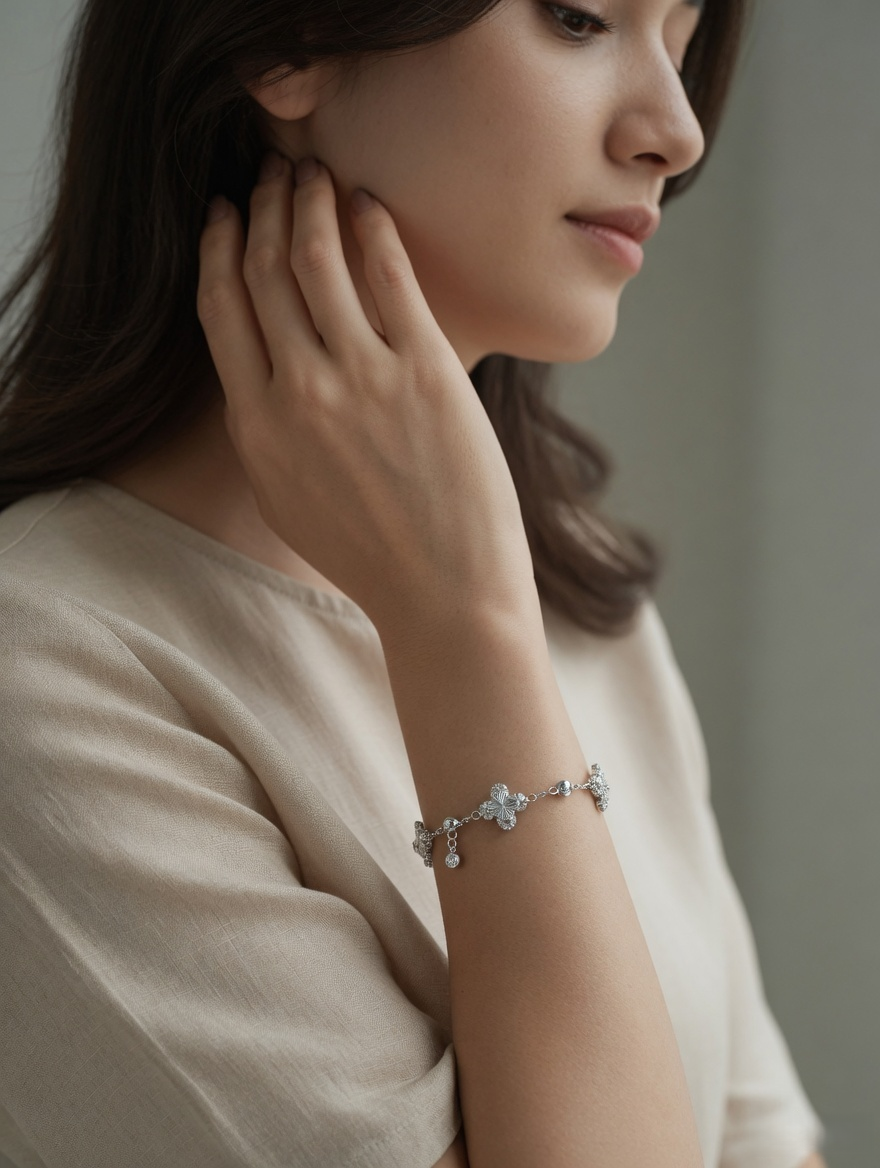 CARV. silver clover bracelet with crystal clover charms and bead accents worn on wrist